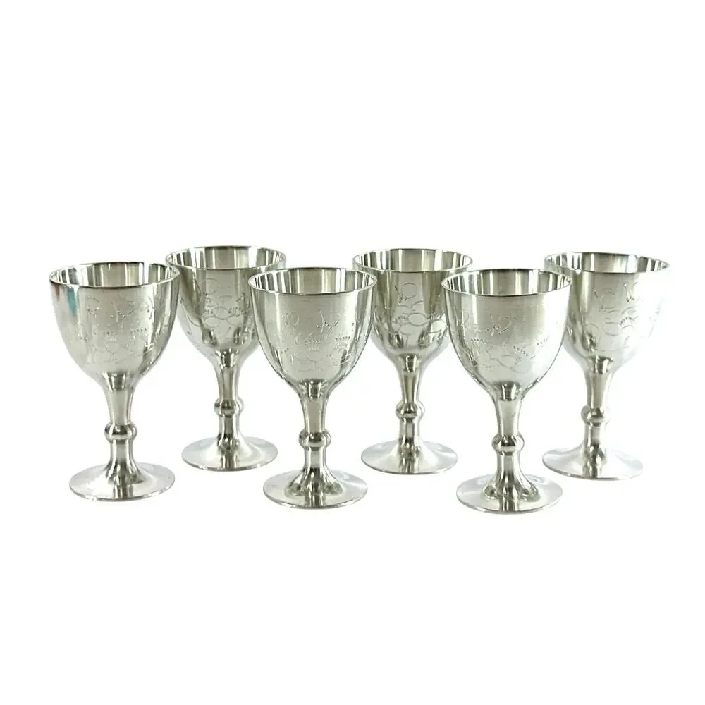 Set of 6 Vintage Stainless Steel Goblets Etched Floral Wine Cups 3” Barware